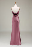 Dusty Blue Sheath Espaghetti Correias Cetim Long Vestido Madrinha