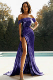 Vestido De Baile Dourado com Fenda Longo Fora do Ombro Cetim