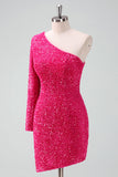 Sparkly Fuchsia Um ombro lantejoulas apertado curto Homecoming Dress com franja
