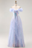 Azul claro brilhante fora do ombro Um vestido de baile longo linha com Seuqins
