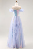 Azul claro brilhante fora do ombro Um vestido de baile longo linha com Seuqins