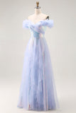 Azul claro brilhante fora do ombro Um vestido de baile longo linha com Seuqins