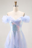 Azul claro brilhante fora do ombro Um vestido de baile longo linha com Seuqins