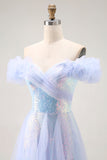 Azul claro brilhante fora do ombro Um vestido de baile longo linha com Seuqins