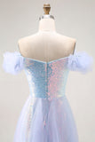 Azul claro brilhante fora do ombro Um vestido de baile longo linha com Seuqins