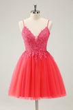 Bonito Hot Pink A Line Spaghetti Straps Short Homecoming Dress com Apliques