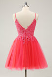 Bonito Hot Pink A Line Spaghetti Straps Short Homecoming Dress com Apliques