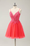 Bonito Hot Pink A Line Spaghetti Straps Short Homecoming Dress com Apliques