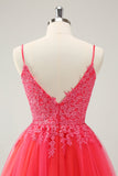 Bonito Hot Pink A Line Spaghetti Straps Short Homecoming Dress com Apliques