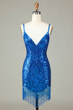 Bodycon brilhante com alças finas, lantejoulas, vestido curto azul de regresso a casa com borla