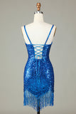 Bodycon brilhante com alças finas, lantejoulas, vestido curto azul de regresso a casa com borla