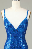Bodycon brilhante com alças finas, lantejoulas, vestido curto azul de regresso a casa com borla