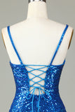 Bodycon brilhante com alças finas, lantejoulas, vestido curto azul de regresso a casa com borla