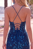 Bodycon brilhante com alças finas, lantejoulas, vestido curto azul de regresso a casa com borla
