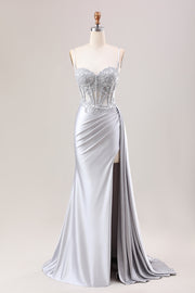 Vestido de Baile Longo Alças Finas Prata Apliques com Faixa