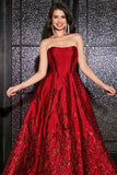 Princesa A-Line Strapless Espartilho Vermelho Escuro Vestido Longo Baile de Formatura com Acessório