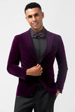 Blazer masculino de veludo com lapela de pico roxo escuro e um botão