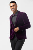 Blazer masculino de veludo com lapela de pico roxo escuro e um botão