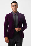 Blazer masculino de veludo com lapela de pico roxo escuro e um botão