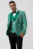 Green Peak Lapel 3 Peça Jacquard Um Botão Masculino Prom Suits