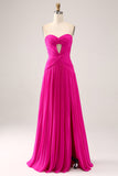 Fuchsia Uma linha querida plissado Keyhole longo vestido de baile com fenda