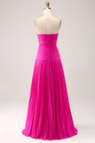 Fuchsia Uma linha querida plissado Keyhole longo vestido de baile com fenda