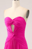 Fuchsia Uma linha querida plissado Keyhole longo vestido de baile com fenda