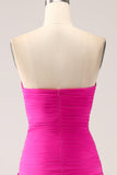 Fuchsia Uma linha querida plissado Keyhole longo vestido de baile com fenda