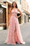 Uma linha Blush Espaghetti Correias Sequin Corset Prom Dress Com Fenda