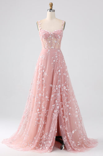 Sparkly Blush Uma Linha Esparguete Correias Sequin Corset Prom Dress Com Fenda