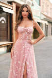 Uma linha Blush Espaghetti Correias Sequin Corset Prom Dress Com Fenda