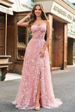 Uma linha Blush Espaghetti Correias Sequin Corset Prom Dress Com Fenda