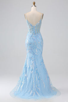 Brilhante azul claro sereia espaguete alças longo vestido de baile com missangas