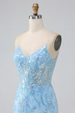 Brilhante azul claro sereia espaguete alças longo vestido de baile com missangas