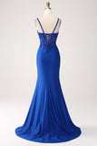 Glitter Royal Blue Sereia Espaghetti Straps Long Prom Dress com Apliques