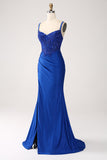 Glitter Royal Blue Sereia Espaghetti Straps Long Prom Dress com Apliques
