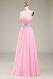 Correias de espartilho cor-de-rosa Vestido de baile de formatura de linha A com pregas