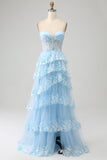 Azul Claro Strapless Tiered Tulle Corset Prom Dress com Appliques