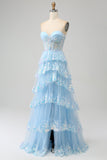 Azul Claro Strapless Tiered Tulle Corset Prom Dress com Appliques