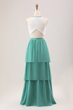 Eucalipto A Line Tiered Ruffled Long Bridesmaid Dress With Lace