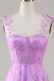 Vestido Comprido Roxo com Aplicações e Linha-A para Baile de Finalistas