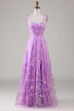 Vestido Comprido Roxo com Aplicações e Linha-A para Baile de Finalistas