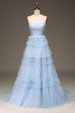 Tule Azul Claro Tiered Strapless Prom Dress com Fenda