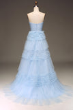 Tule Azul Claro Tiered Strapless Prom Dress com Fenda