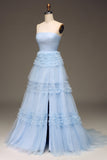 Tule Azul Claro Tiered Strapless Prom Dress com Fenda