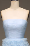 Tule Azul Claro Tiered Strapless Prom Dress com Fenda