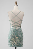 Cinzento Verde Bodycon Lace-up Back Short Homecoming Dress com lantejoulas Appliqued