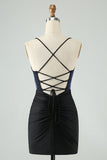Glitter Preto Bodycon Esparguete Correias Corset Homecoming Dress com Missangas