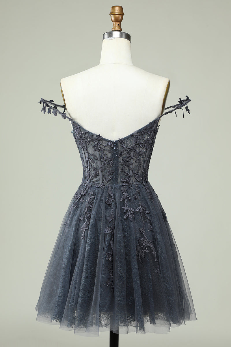 Carregar imagem no visualizador da galeria, Tiras de espaguete da marinha curto vestido de homecoming com apliques