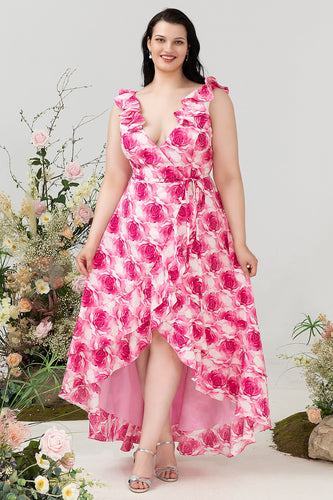Alto Baixo Rosa Flor Vestido de Dama de Honor Estampado